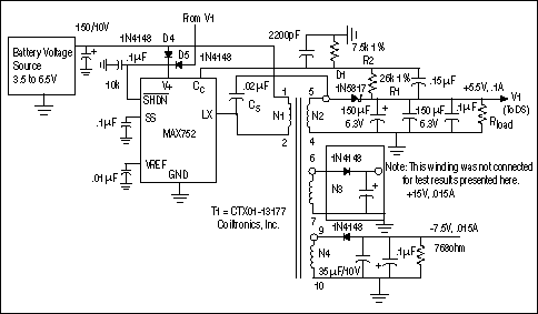 Figure 3.Final design of the flyback power supply for battery-powered CCD applications.