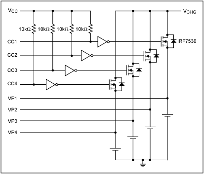 图1. DS2714应用电路，图中利用nMOS晶体管代替了pnp晶体管