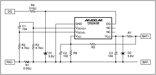 Figure 1. DS2438 circuit for handling cell voltages greater than 10 volts.