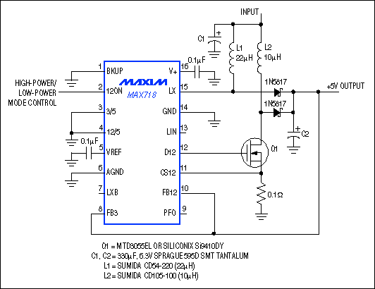 Figure 1. This IC, designed as a power-supply controller for palmtop computers with flash memory, includes two switching regulators. Combining the outputs with a diode-OR connection and common feedback produces an efficient 5V output with surge-current capability.