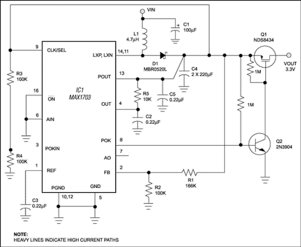 Figure 1. The addition of a couple of transistors enables a switching regulator to start with full load and low input voltages.
