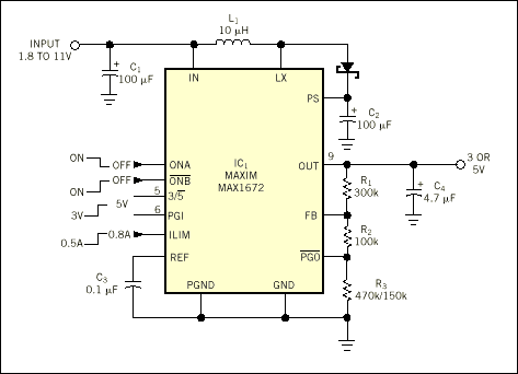 Figure 1. You can obtain a regulated 3 or 5V output, according to digital control applied to the power-good input (PGI).