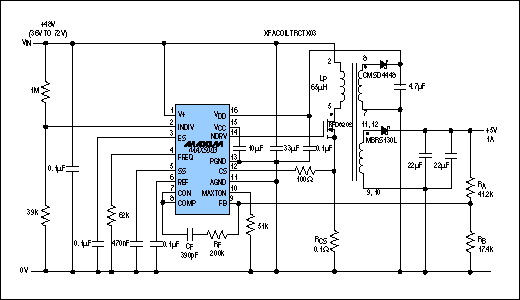 Figure 2. This nonisolated power supply derives 5V/1A from +48V (see design example above).