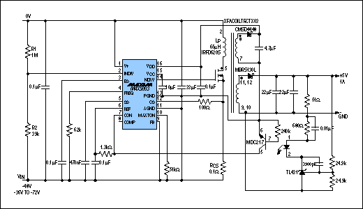 Figure 3. With specifications similar to Figure 2's circuit, this isolated-output supply (-48V to 5V/1A converter) is available from Maxim as a preassembled evaluation kit (MAX5003EVKIT).