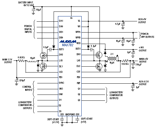 Figure 7. The multi-function MAX782 generates high-side gate-drive voltages for the external power MOSFETs.