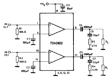 用TDA2822制作的立体声迷你小功放电路-+