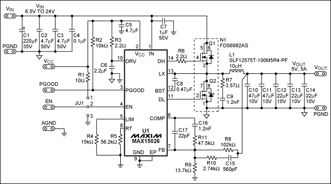 Figure 1. Schematic of the MAX15026 synchronous buck converter for a 300kHz switching frequency.