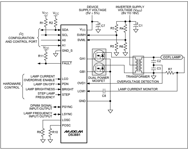 图3. DS3881 CCFL控制器具有EMI抑制功能，能够在寒冷的气候中迅速加热灯管。