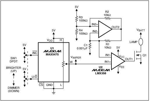图1. 该图说明怎样使用MAX5475数字分压器来实现车灯调光器。