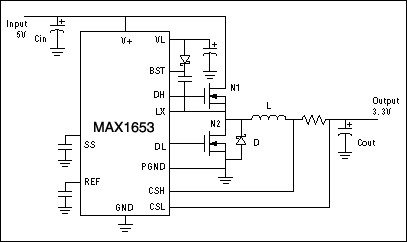 Figure 1.  This illustrative step-down switching regulator features an externalswitching transistor (N1) and synchronous rectifier (N2).