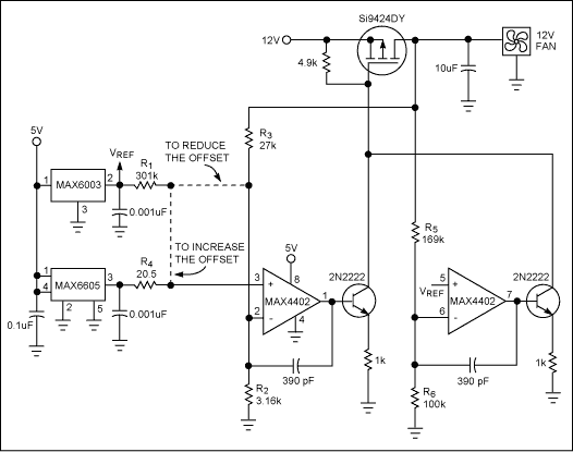 Figure 1. This circuit delivers a continuous and linear fan-control voltage that is proportional to temperature.