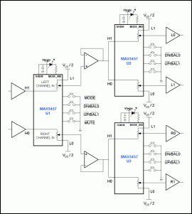 图1. 利用三片MAX5456/MAX5457 IC构成的音量调节、均衡电路