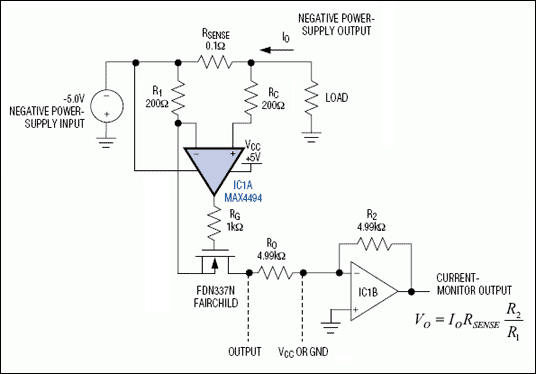 图1. 这个电流检测电路监视负电源，并提供一个正比于负载电流的正输出电压