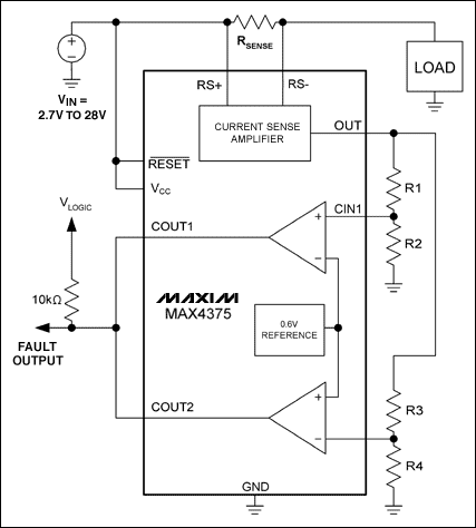 图2b. 电流窗检测电路(包括R1-R4，比较器和基准源)，检测开路/短路故障。