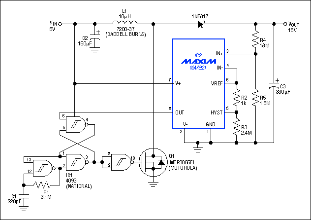 Figure 1. Consuming only microwatts of power, this 5V-to-15V boost converter provides low load currents with high efficiency.