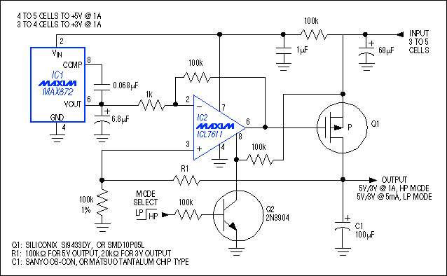 Figure 2. At low output current, these p-channel MOSFETs exhibit low source-to-drain voltage (i.e., dropout voltage in the Figure 1 circuit).