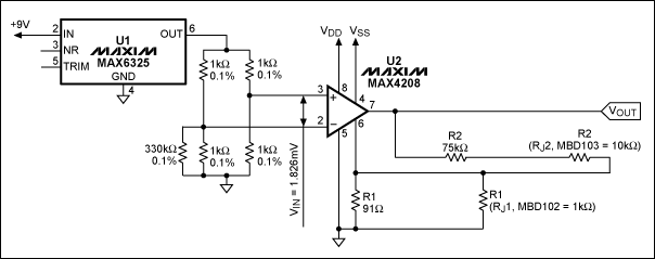 图6. MAX4208配合外置rejustor和电阻实现1000V/V增益