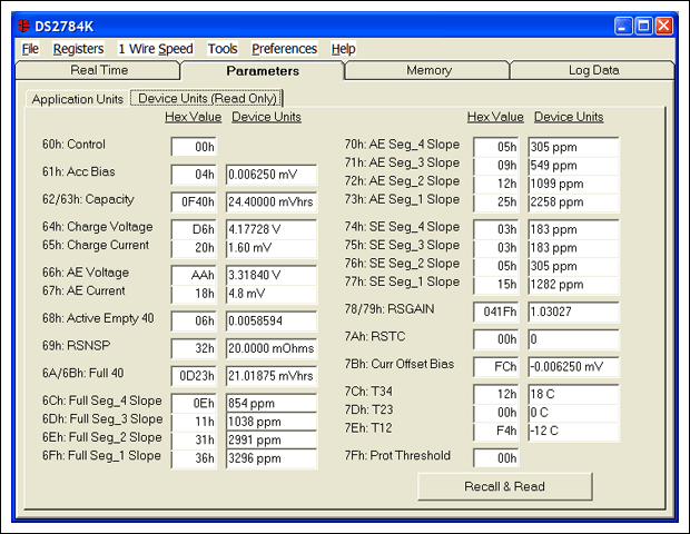 图2. Parameters表格的Device Units子表格中给出了DS2784实际保存的参数。