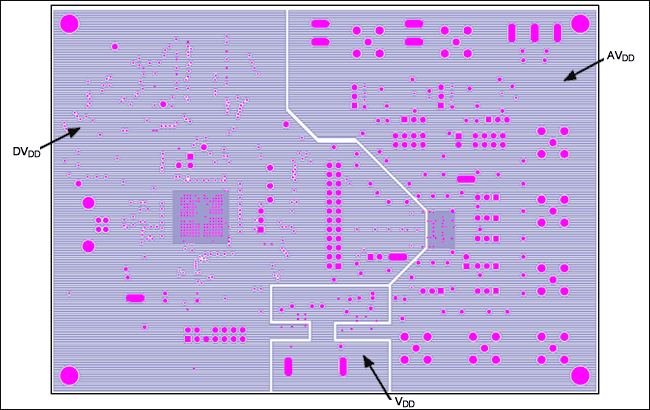 图11. 基于8通道MAX11046的DAS系统电路板布局的第4层，电源平面分区。
