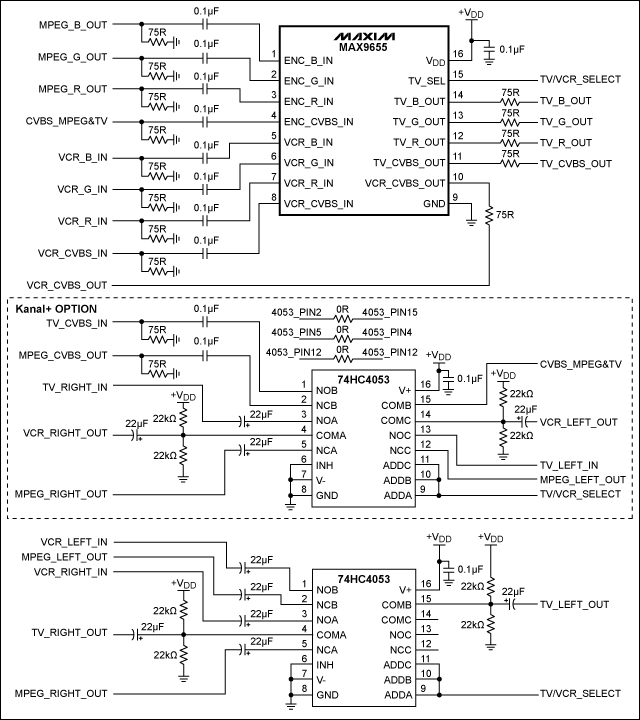 Figure 4. Schematics for the dual scart switch with Kanal+ support in Figure 2.