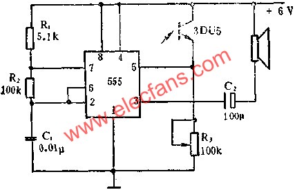 555电路组成光控变调声响器电路图  www.elecfans.com