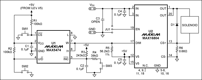 Figure 1. This small, surface-mount, digital-driver circuit provides proportional drive for a solenoid.