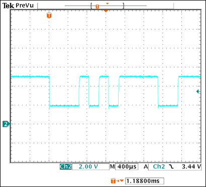 图2. 在图1的数据接收器A、B端接收到的串行数据字，数据代表电缆另一端的热电偶测量温度为21.875°C。