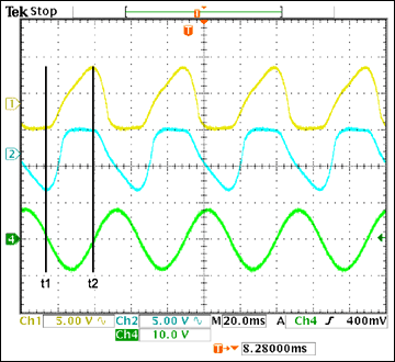 Figure 2. Illustration of the effects of power-supply pumping. The time from t1 to t2 represents the negative half cycle of the output waveform.