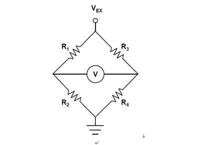 图1：受激励电压VEX和差分输出电压V驱动的惠斯顿桥。