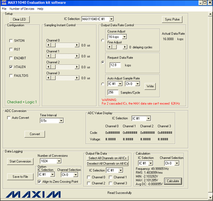 Figure 4. The MAX11040EVKIT GUI allows a user to conveniently set various measurement conditions: 12.8ksps, 256 samples/cycle, and 1024 as the number of conversions. Additionally, the calculation section of the GUI provides a convenient tool for engineering fast evaluations.