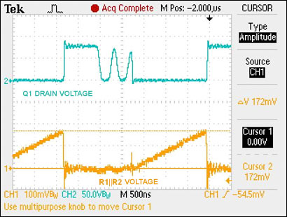 图6. 漏极电压和检流电阻的电压(50mΩ)