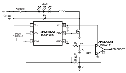 Figure 2. Adding this comparator circuit to the Figure 1 circuit provides detection of shorted LEDs.