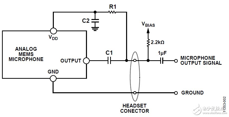 图2. 将一根线用于电源和输出信号的MEMS麦克风
