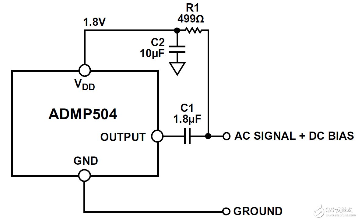 图4. 采用ADMP504 MEMS麦克风的电路