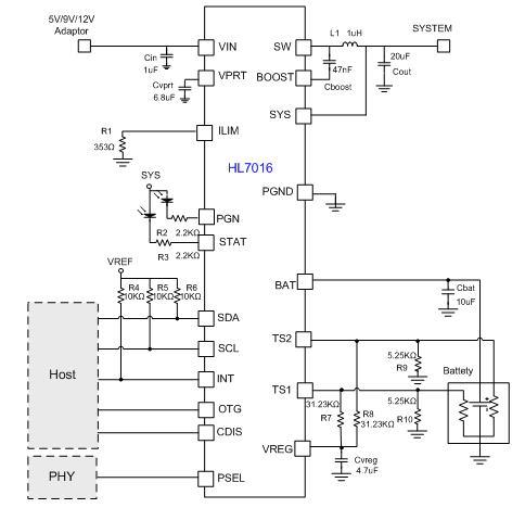 希荻微3A，5-12Vin锂电池快速充电管理芯片HL7016