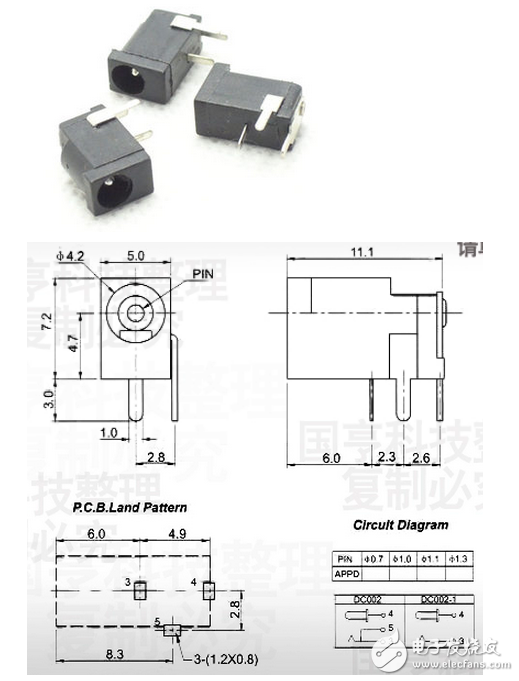 4种DC电源接口的封装尺寸参数