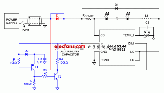 Figure 1. This circuit, including the circuitry in blue and without the diode in red (see text) prevents excessive charging and discharging of the decoupling capacitor by turning off the LEDs during intervals when the chopped supply voltage is off.