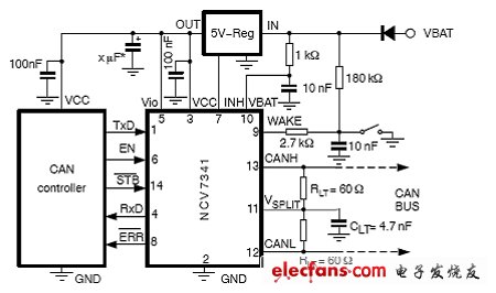 图2：采用NCV7341的5V CAN控制器应用电路图。（电子系统设计）