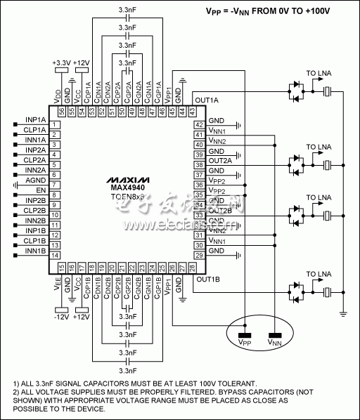 图3。 MAX4940四的典型应用电路，双极数字脉冲发生器。