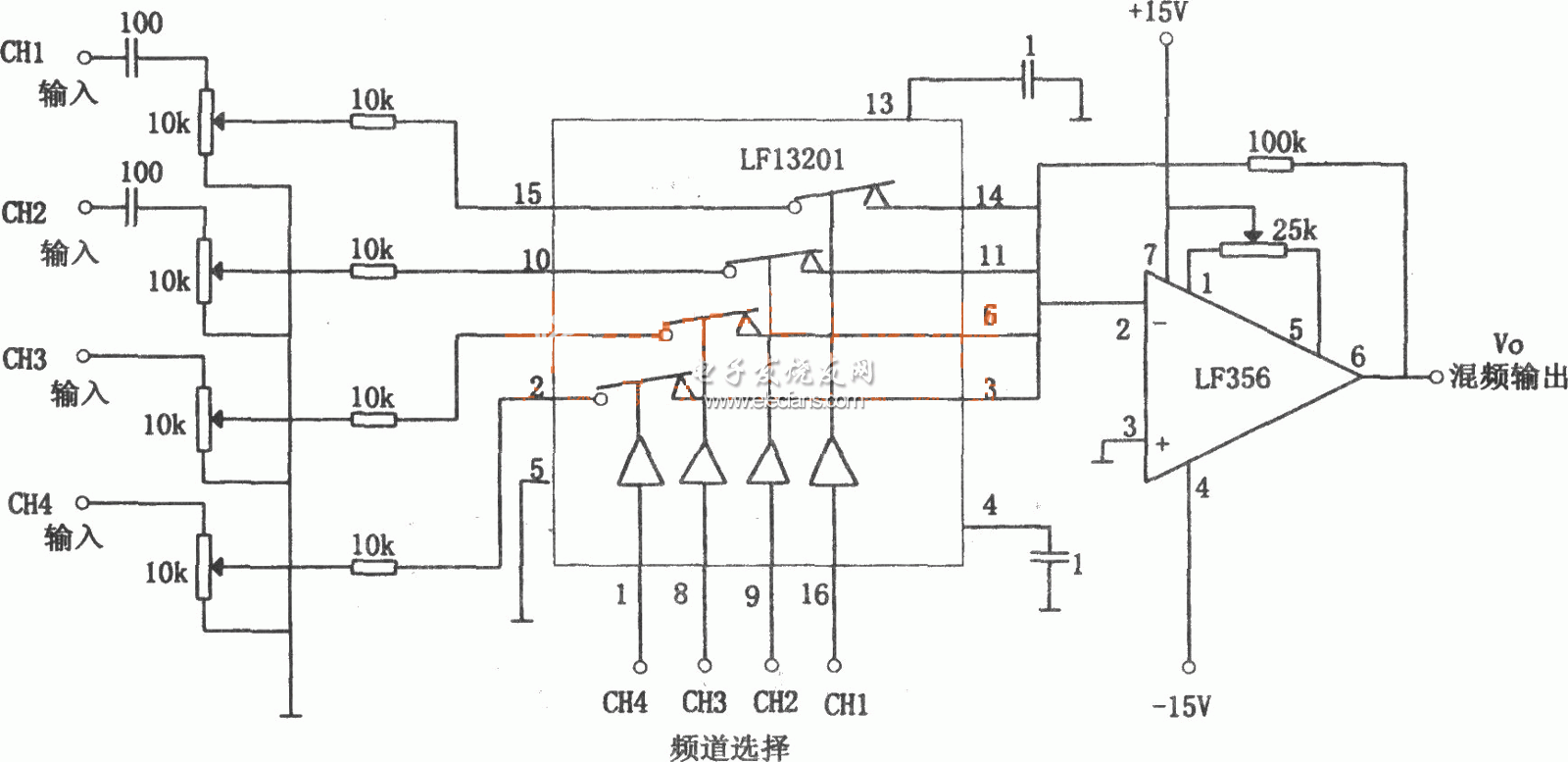 　　如图所示为四通道电子开关音频混频器电路