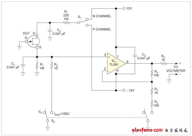 图2,在DUT源极电阻R1和R2之间做选择，可以测量出截止电压和零漂漏极电流