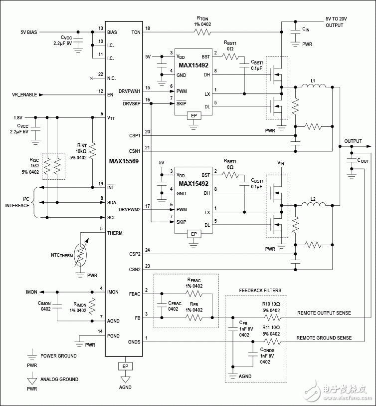 MAX15569: Typical Application Circuit (with MAX15492 Driver and MOSFET)