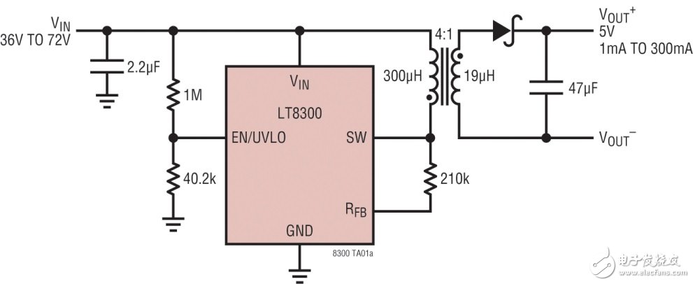 图1 具主端输出电压检测功能的 LT8300 反激式转换器