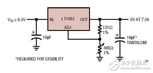 图4集成型线性稳压器实例：只有3个引脚的7.5A线性稳压器