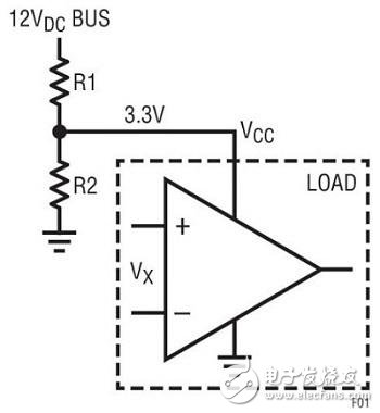 图1电阻分压器采用12V总线输入产生3.3VDC