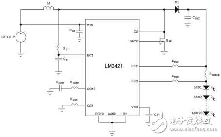 使用LM3421的升压稳压器驱动10个LED