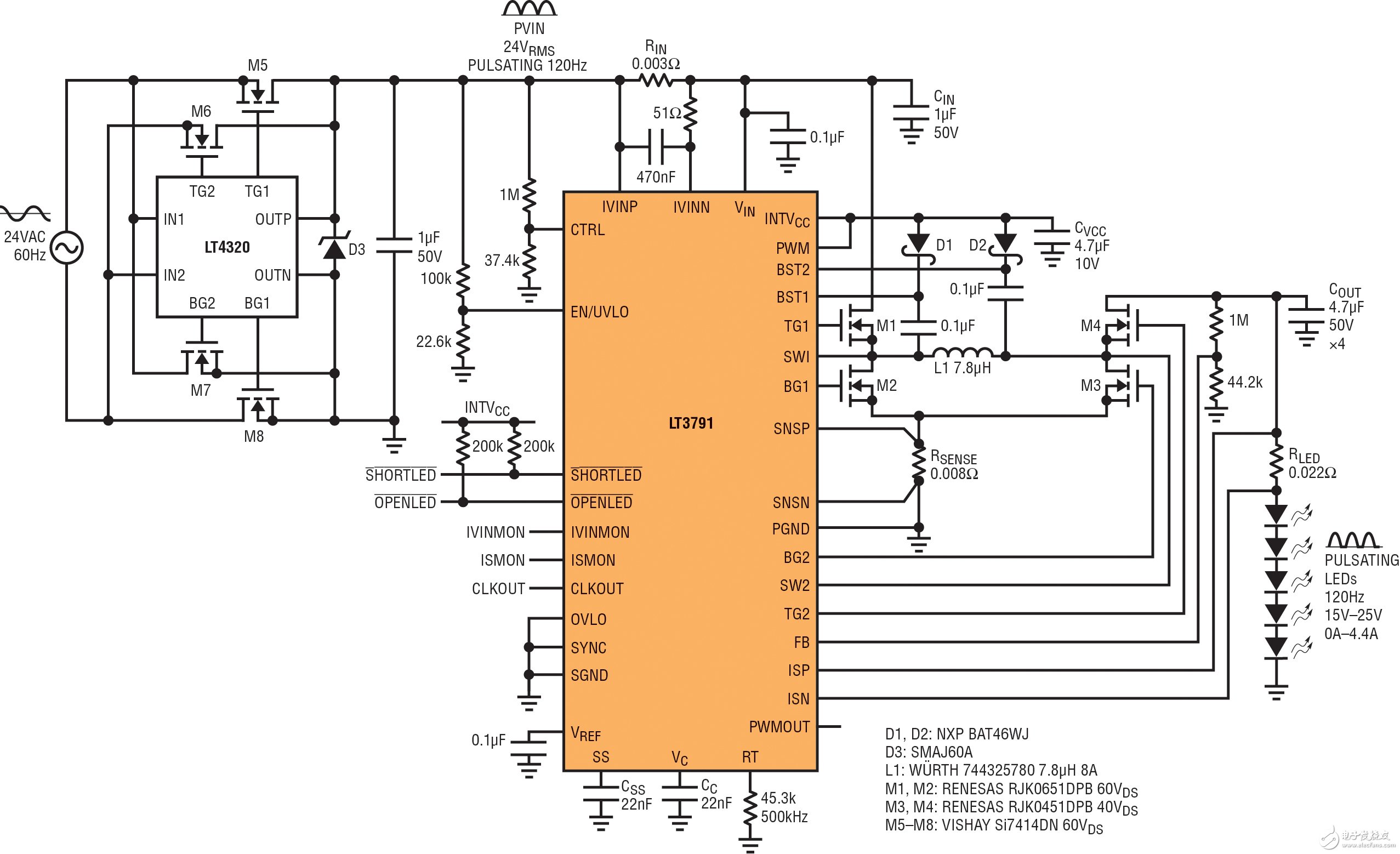 图 1：24VAC至60W LED驱动器 （等效于600W卤素灯） 具有高功率因数和高效率