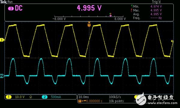 图6： 使用DVM监测DC输出电压。AC输入电压波形用黄色显示，电流波形用蓝色显示。