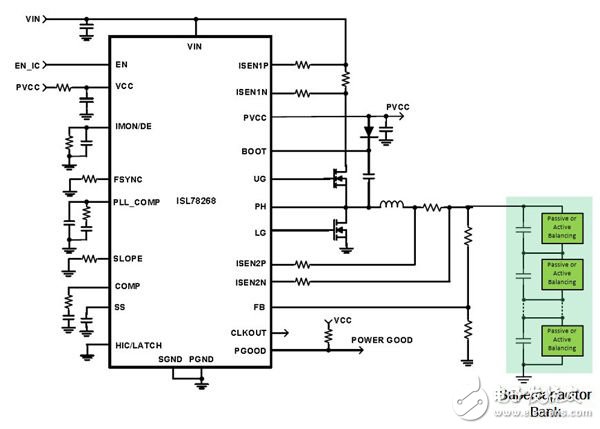 圖3.實現CICV超級電容充電控制的同步降壓穩壓器簡化原理圖