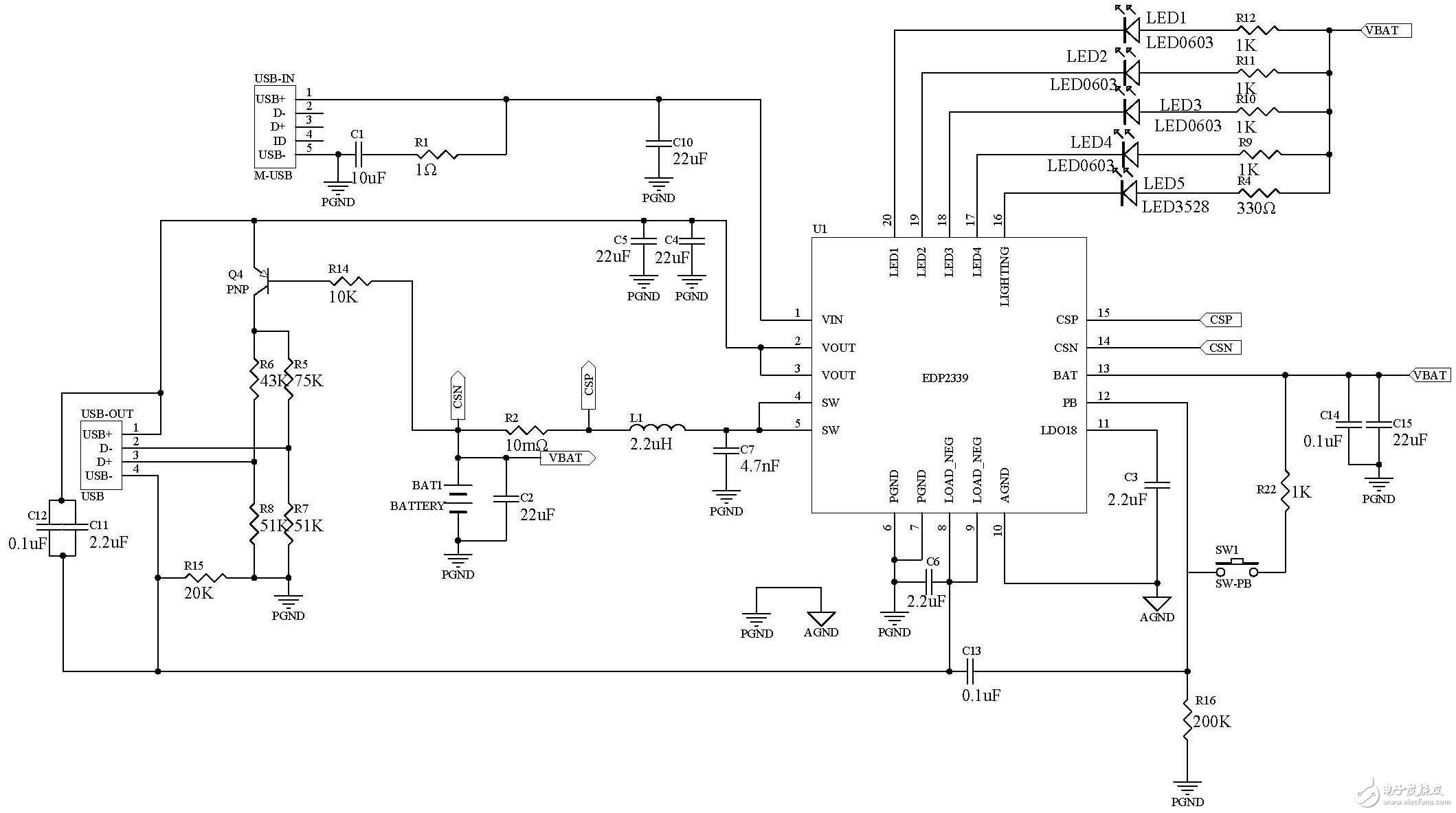 　图1：基于EDP2339移动电源方案原理图